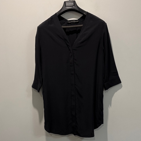 AllSaints Black Silk Button Down Shift Dress Sheer Side Slits 3/4 Sleeve Size 4 - Picture 5 of 16